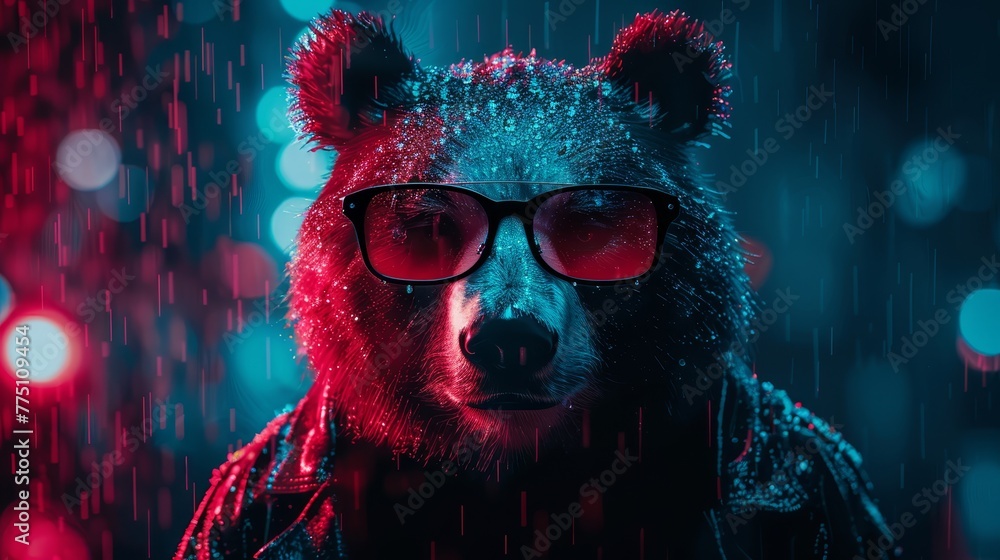   A tight shot of a person donning sunglasses, accompanied by a bear in a jacket, both positioned in front of a hazy backdrop