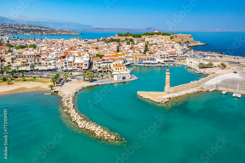 Rethymno city at Crete island in Greece. Aerial view of the old venetian harbor and Venetian Fortezza Castle photo