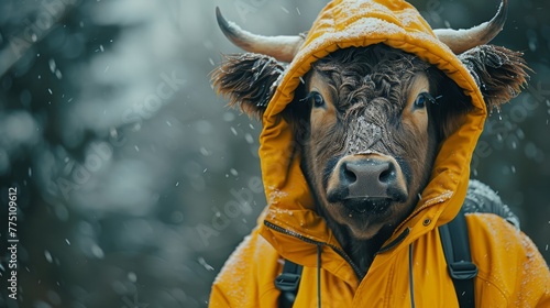   A tight shot of a cow donned in a yellow jacket and hoodie against wintry snowbackground, surrounded by leafless trees photo