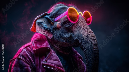   A tight shot of a person donning sunglasses and wearing a red jacket, while an elephant's head sports similar accessories photo