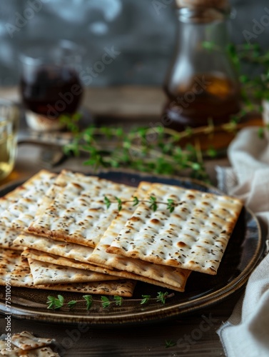 Jewish holiday Passover concept with matzah on a plate. festive background. copy space.