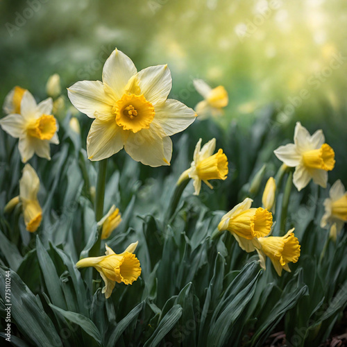 Natural Spring Daffodil Flower With Dreamy Green Foliage Background (ID: 775110244)