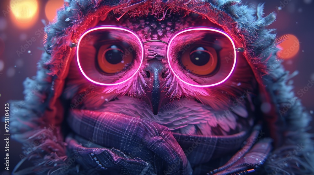   A tight shot of a person donning glasses, an owl in a hood, and a hoodie illuminated by background lights