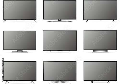 Realistic modern tv and computer monitors mockup. Televisions with blank screen set
