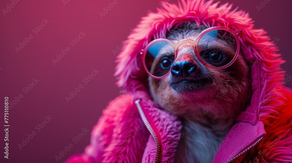   A tight shot of a dog in a pink jacket and donning rosy spectacles, adorned with a hood covering its head