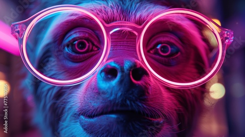  A tight shot of a dog donning round glasses with a neon light attached to its face