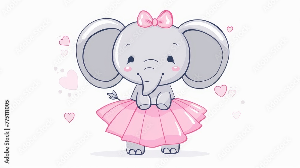 A pink-tutted elephant, adorned with a bow, stands before a pristine white backdrop A pink-tutted elephant, adorned with a bow, stands before a pristine white backdrop