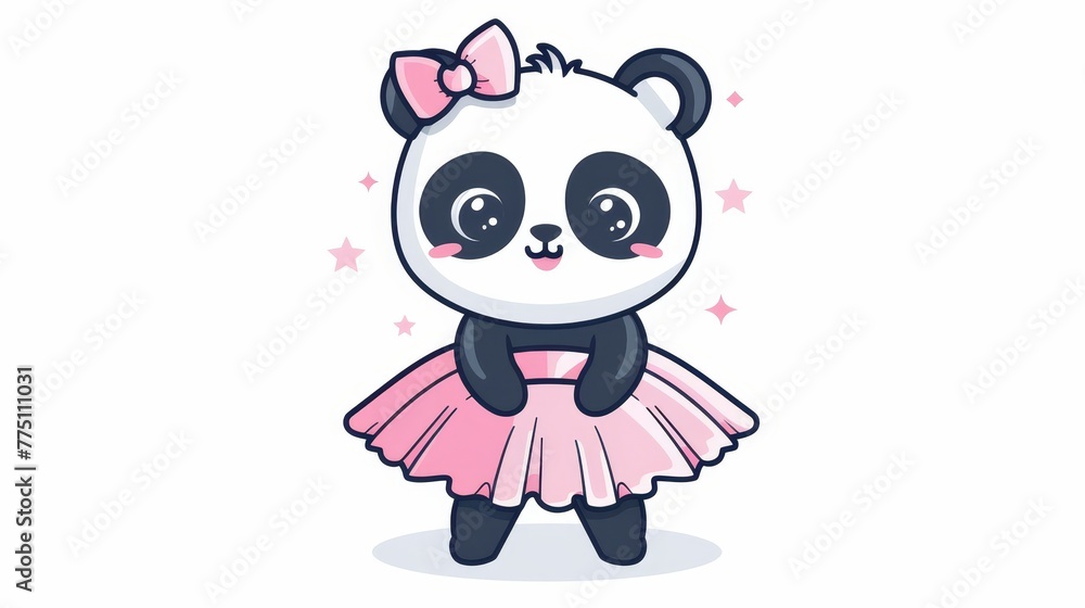   A panda ballet dancer in a pink tutu, adorned with a bow atop her head, and surrounded by stars as a necklace