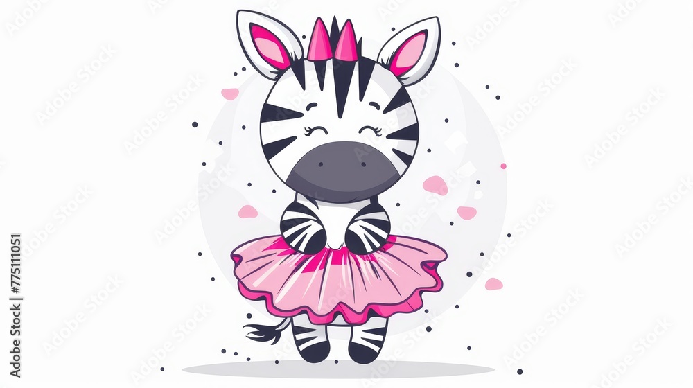 A charming zebra in a pink tutu and dress stands centrally in a heart-encircled circle A charming zebra in a pink tutu and dress stands centrally in a heart-encircled circle