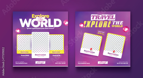 Travel social media banner post template design. Summer beach holiday online promotion poster. Traveling flyer. Holiday and tour advertising social media design.