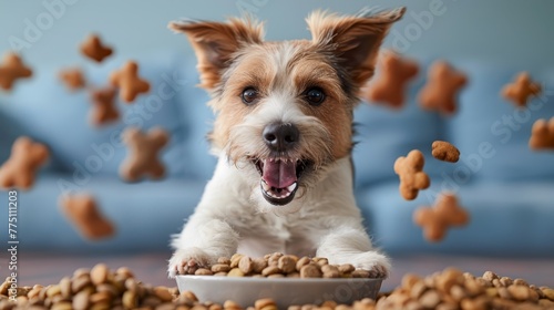   A brown-and-white dog eats from a bowl of dog food, surrounded by star-shaped biscuits © Nadia