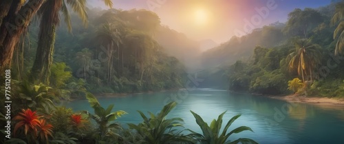Background in style - Tropical jungle background with river  a natural world in motion. Generative AI  Generative  AI