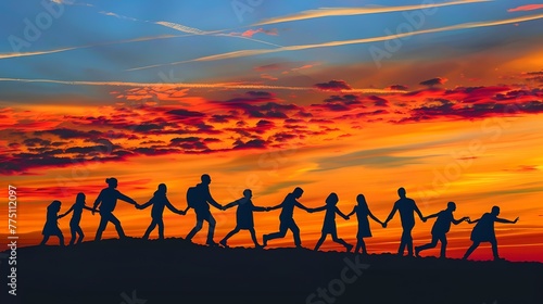Silhouetted People Holding Hands at Sunset, Vibrant Sky, Concept of Friendship and Togetherness. Perfect for Backgrounds. AI © Irina Ukrainets