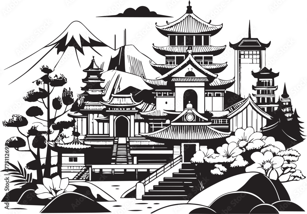 Fototapeta premium Japanese architecture. Hand drawn vector illustration