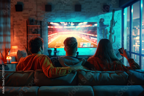 back side group of friends sit on the sofa watching big screen TV and cheering sports team in the living room at night time. entertainment activity at home concept