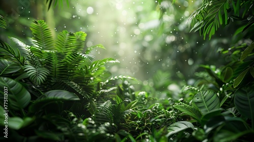 Lush tropical rainforest canopy green foliage, vines, light and shadow play in detailed photography