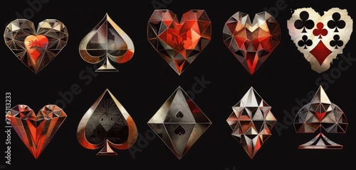 Vibrant playing card symbols seamlessly merged in radiant diamonds. Perfect for elegant spaces.