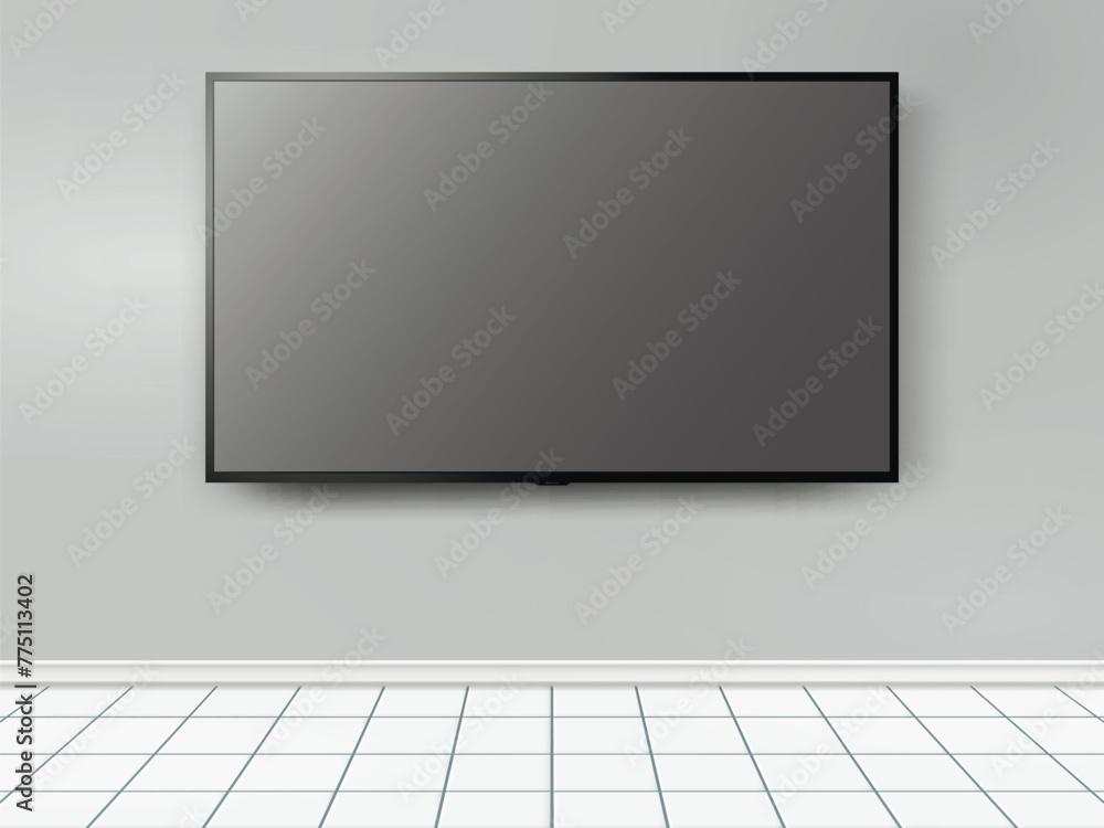 TV mockup with flat white screen on grey wall background