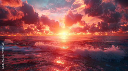 A dramatic sunset over a coastal landscape
