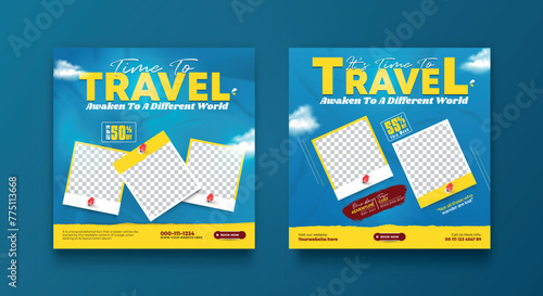 Travel social media banner post template design. Summer beach holiday online promotion poster. Traveling flyer. Holiday and tour advertising social media design.