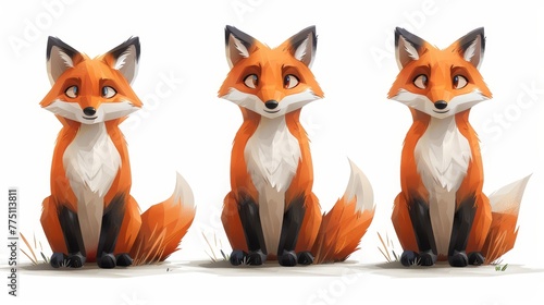  1 Fox facing forward, body and tail straight.2 Fox looking over shoulder, body tilted to side,
