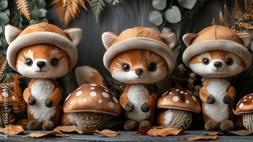  A collection of plush animals arranged beside one another atop a forest floor, blanketed in fallen leaves and mushrooms