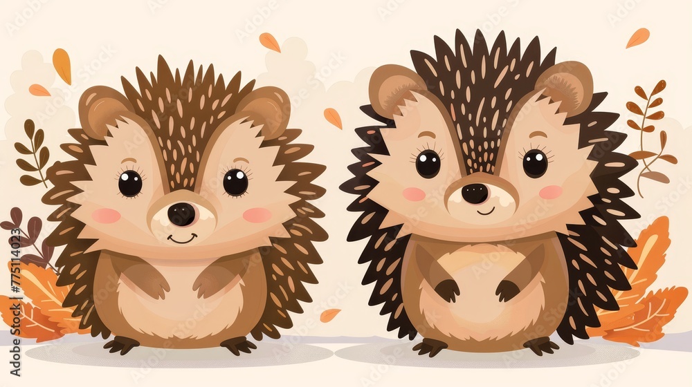 Two hedgehogs seated side by side atop a mound of leaves against a pristine white backdrop Two hedgehogs seated side by side atop a mound of leaves against a pristine white backdrop