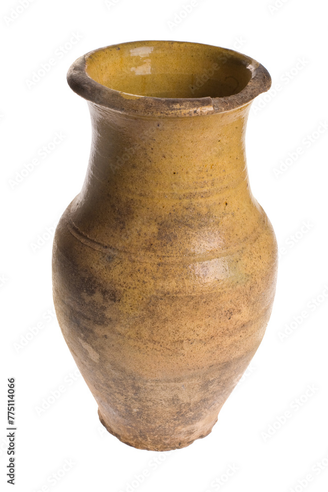 Antique clay jug, pot on a white background
