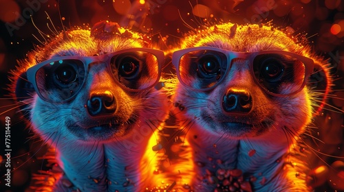  Two meerkats donning goggles pose before a fiery backdrop of red and yellow hues