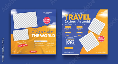Travel social media banner post template design. Summer beach holiday online promotion poster. Traveling flyer. Holiday and tour advertising social media design.