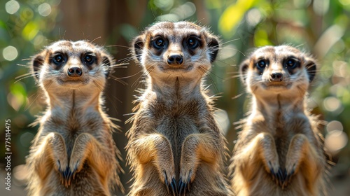  Three meerkats aligned, face-to-face with a meerkat pod