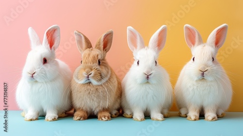  Three bunnies seated together on a blue backdrop, surrounded by a pink and yellow surround
