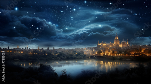 Night cityscape with river, bridge, and cathedral under European sky © Preeyada