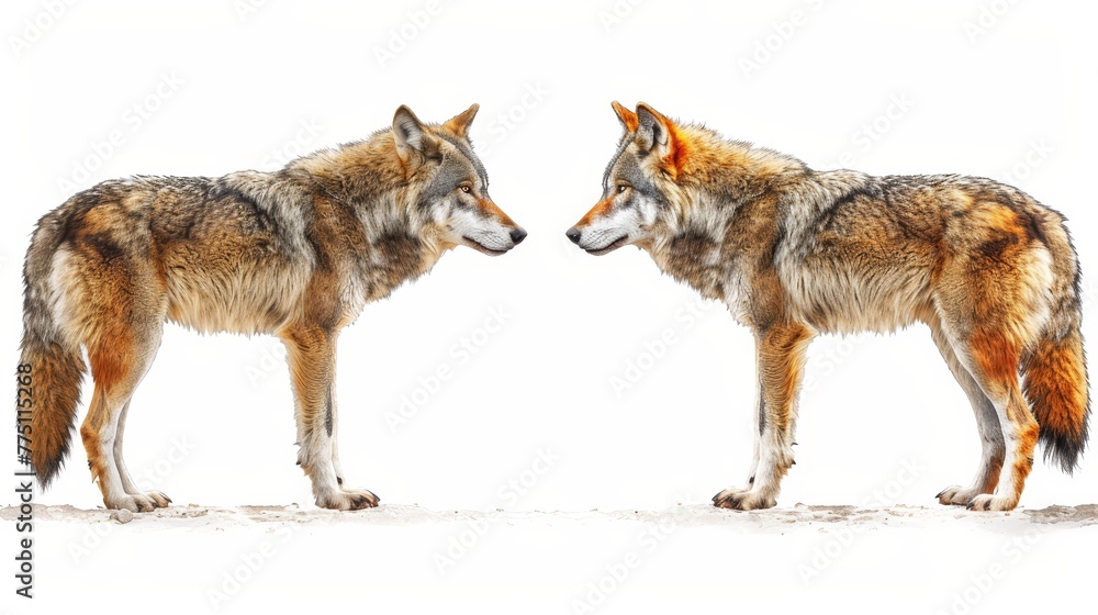   Two wolves posed side by side atop a snow-laden ground against a white backdrop