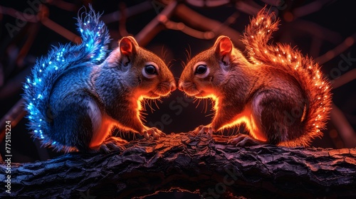   Two squirrels perched side by side on a tree trunk, sporting blue ear lights photo