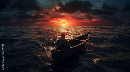 The silhouette of a boatman floating in the middle of the sea amidst the darkness and the light of the setting sun.