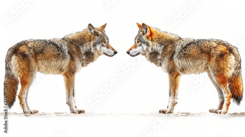   Two wolves posed side by side atop a snow-laden ground against a white backdrop © Nadia