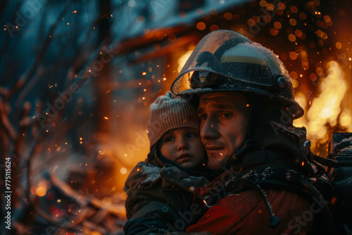 gainst the backdrop of a blazing house, a valiant fireman carries a child in his arms, embodying courage and heroism amidst the chaos. photo