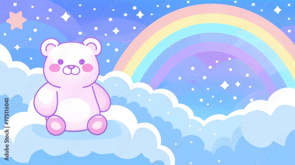 A pink bear atop a cloud, rainbow appearing before the sky A pink bear atop a cloud, rainbow appearing before the sky