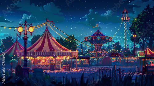 A pixelated carnival with bright lights and colorful tents photo