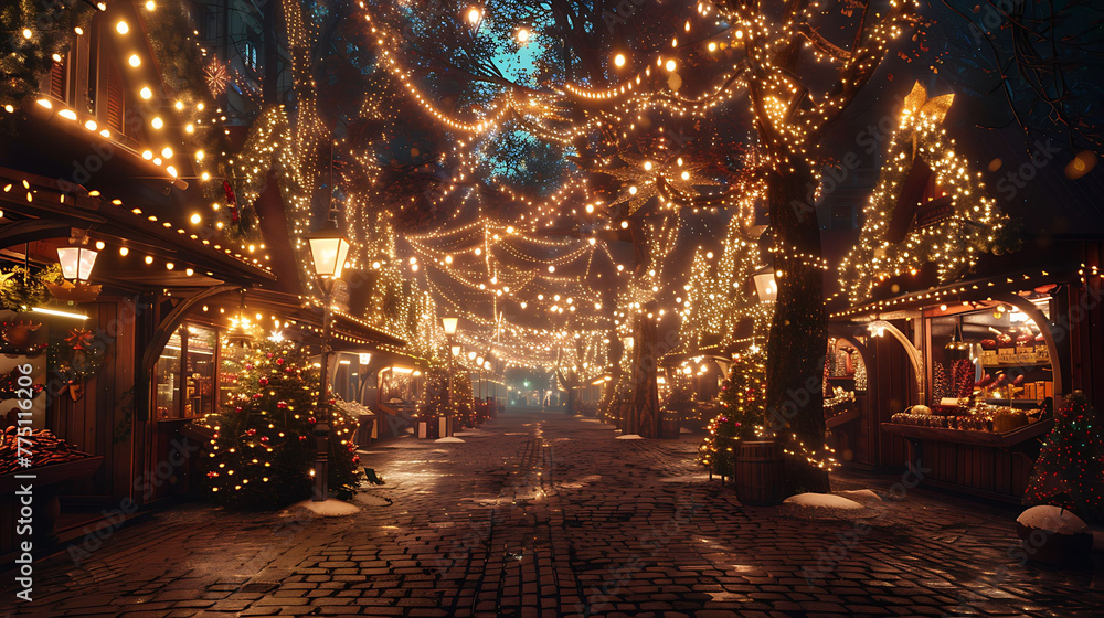 A festive holiday market aglow with twinkling lights, festive decorations, and the scent of roasted chestnuts and mulled wine