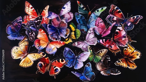  Multicolored butterflies stacked on a black paper