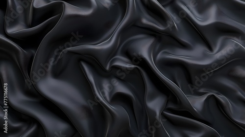 Elegant Black Satin Fabric Undulating in Soft Waves. Luxurious Textile Close-up for Design Backgrounds. Exquisite Material for Fashion and Decor. AI