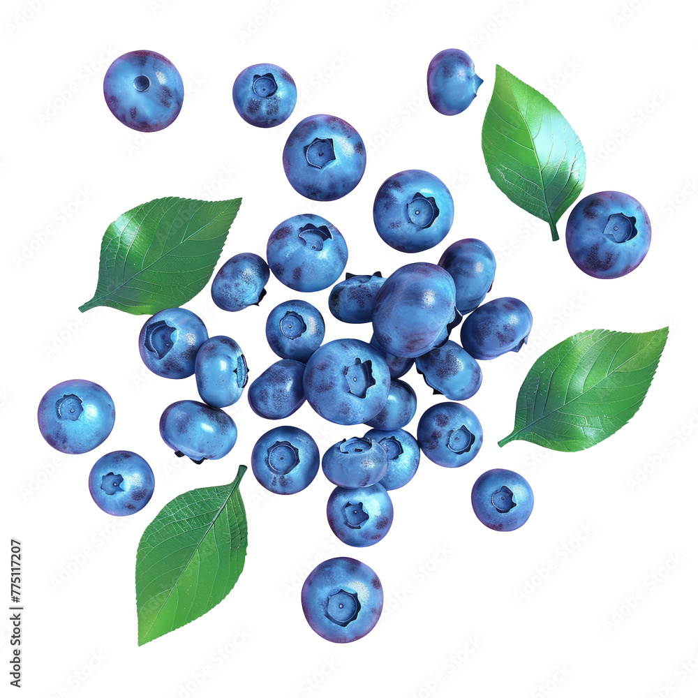 Close-up of fresh blueberries with leaves on transparent Close-up of fresh blueberries with leaves on transparent