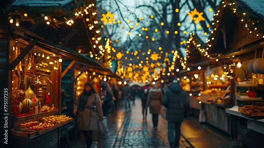 A festive holiday market filled with twinkling lights and the scent of mulled cider