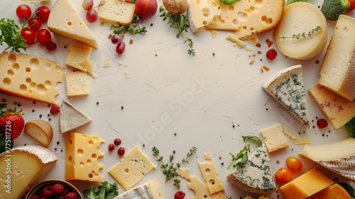 Frame with different types of cheese and empty space on a white background for text.