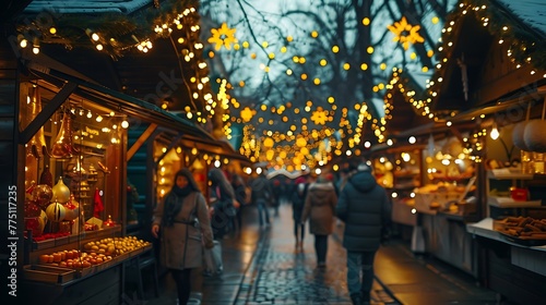 A festive holiday market filled with twinkling lights and the scent of mulled cider