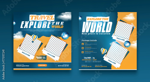 Set of travel sale social media post template. Summer beach holiday, traveling agency business offer promotion.tourism advertisement banner design.