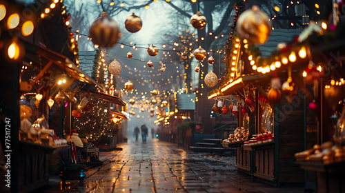 A festive holiday market filled with twinkling lights and the scent of mulled cider