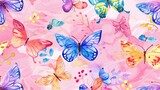   A multitude of butterflies against a pink backdrop, featuring intricately colored wings